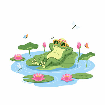 Cute frog relaxing on lily pad with sunglasses and sun hat in peaceful pond