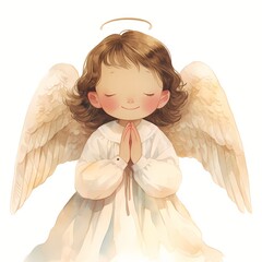 Fototapeta premium Angel baby boy with wings and halo praying. Watercolor illustration of cute child face with closed eyes. Religious character design for greeting card, baptism and Christmas decoration.