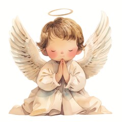 Fototapeta premium Cute baby angel praying with watercolor style wings and halo. Spiritual religious illustration for Christmas and baptism greeting card. Serene heavenly character as divine symbol.