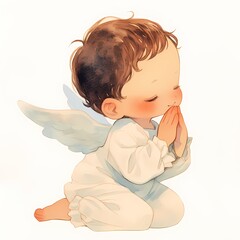 Fototapeta premium Watercolor painting of a baby angel kneeling in prayer. Cute cherub with wings, arms folded in devotion. Religious character for Christmas greeting card and spiritual nursery decor.
