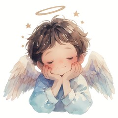 Fototapeta premium Watercolor illustration of a cute little angel boy with closed eyes and soft wings. Decorative hand drawn character for religious projects, nursery art, greeting card, and spiritual design.