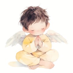 Fototapeta premium Watercolor illustration of a small boy angel praying. Cute cherub with wings sitting in a meditative pose. Spiritual religious character for baptism, greeting card and nursery decor.