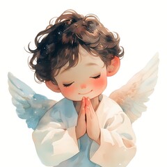 Fototapeta premium Watercolor portrait of little boy angel praying with closed eyes. Cute child with wings for religious celebration and Christmas card. Artistic illustration of spiritual serenity.