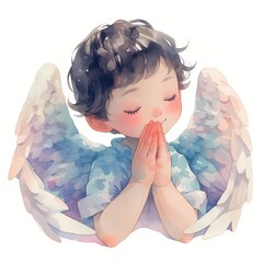 Fototapeta premium Watercolor portrait of a cute child angel with wings praying. Artistic illustration of a little boy with eyes closed in peaceful prayer. Religious character for Christmas design.