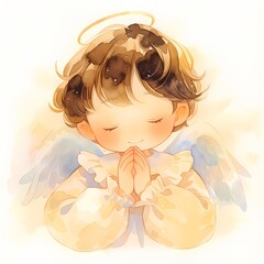 Fototapeta premium Watercolor painting of a sweet child angel praying with closed eyes. Cute heavenly character with wings and halo on white background. Religious illustration for spiritual greeting card.