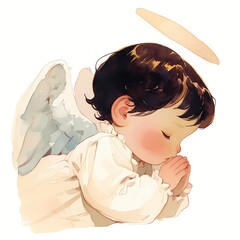 Fototapeta premium Cute baby boy as little angel with halo and wings praying. Religious watercolor illustration of innocent child for baptism, Christmas, birth announcement or spiritual greeting card.