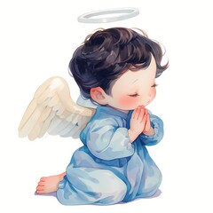 Obraz premium Watercolor illustration of cute baby boy angel praying. Little child with wings and halo kneeling in blue clothes. Religious character for Christmas card or nursery wall art design.