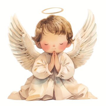 Cute baby angel praying with watercolor style wings and halo. Spiritual religious illustration for Christmas and baptism greeting card. Serene heavenly character as divine symbol.