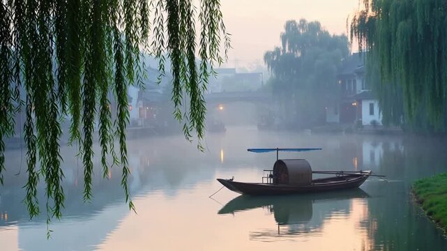 A tranquil morning scene on a misty river with a traditional boat floating under willow trees.