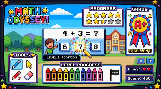 A child solving addition problems in a colorful educational game interface.