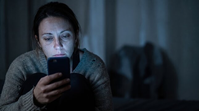 Woman Scrolling Smartphone in Dark Room at Night Representing Insomnia and Doomscrolling