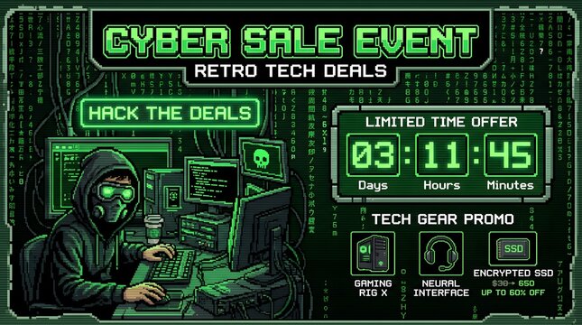 Cyber sale event with retro tech deals, timer, and hacker at computer setup.