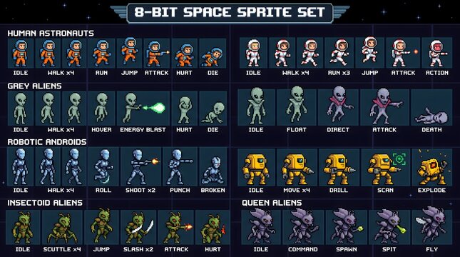 Diverse 8-bit space sprite set featuring human astronauts, aliens, and robots.