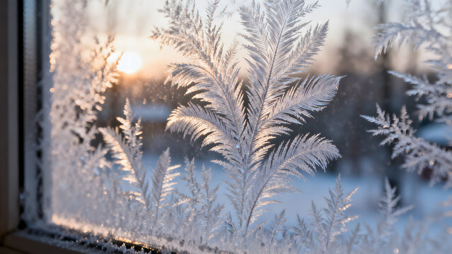 Frosted windowpane with feather-like ice patterns in morning light.