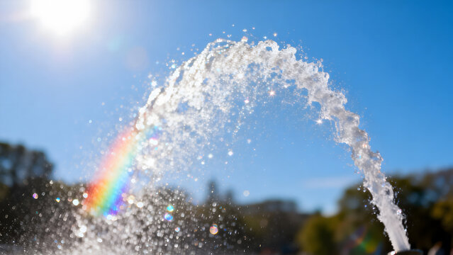 A fountain's water jet arching against a blue sky with sunlight creating glints.