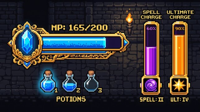 Fantasy game UI with potions, spell charge, and ultimate charge indicators.