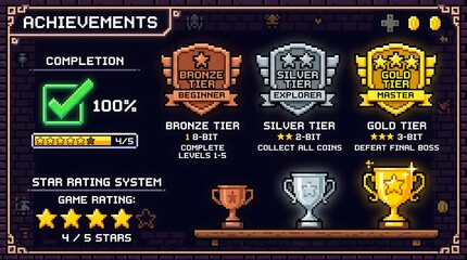 Naklejka premium Pixel art achievement screen with completion badges and star rating system.