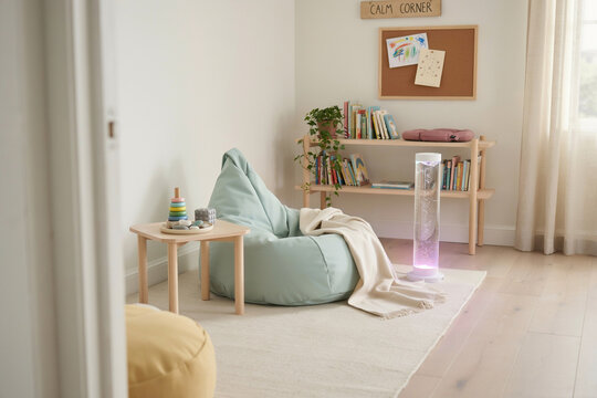 Sensory Calm Down Corner in Elementary School Classroom | Neurodivergent Student Support Room with Cozy Bean Bag, Sensory Toys, and Relaxing Light Projector