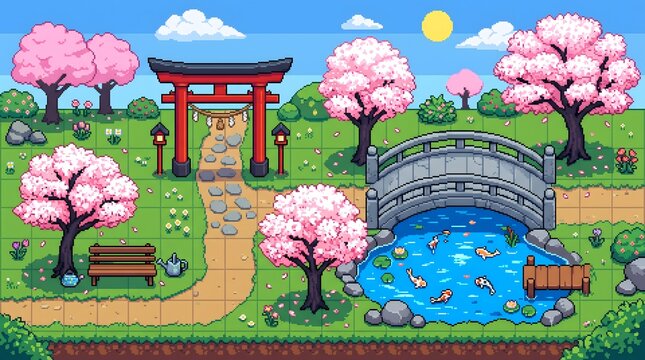 Peaceful pixel art garden with cherry blossoms, koi pond, and traditional torii.
