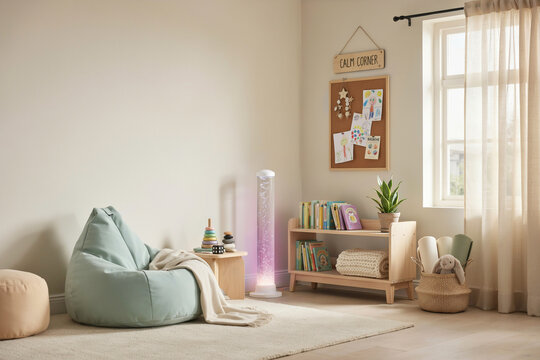 Sensory Calm Down Corner in Elementary School Classroom | Neurodivergent Student Support Room with Cozy Bean Bag, Sensory Toys, and Relaxing Light Projector