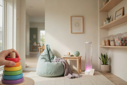 Sensory Calm Down Corner in Elementary School Classroom | Neurodivergent Student Support Room with Cozy Bean Bag, Sensory Toys, and Relaxing Light Projector