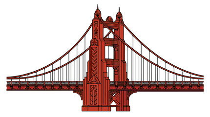 Fototapeta premium Detailed illustration of the iconic suspension bridge with its towering red structure and intricate cable design