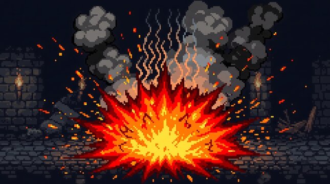 Pixel art explosion with fiery debris, smoke, and sparks in a dark brick dungeon.