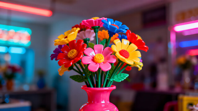 A cheap plastic flower in a garish vase, tacky aesthetic with bright colors.