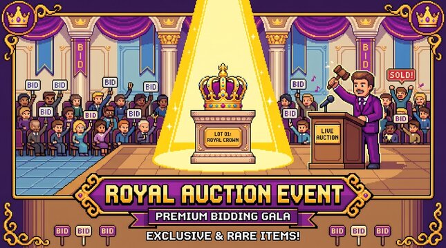 Pixel art royal auction event with premium bidding gala for exclusive items.