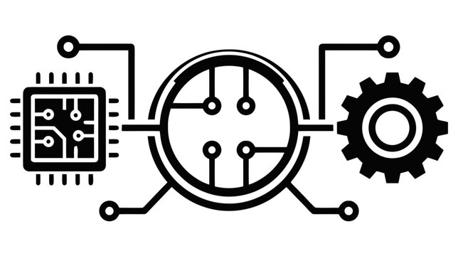 Vector illustration of digital technology icon with microchip and gear symbol on a transparent background