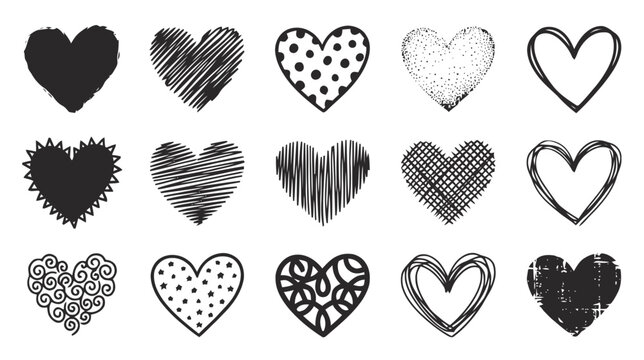 Vector illustration of set of hand drawn hearts on a transparent background