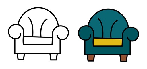 Cozy living room single armchair vector set colored version and coloring book outline