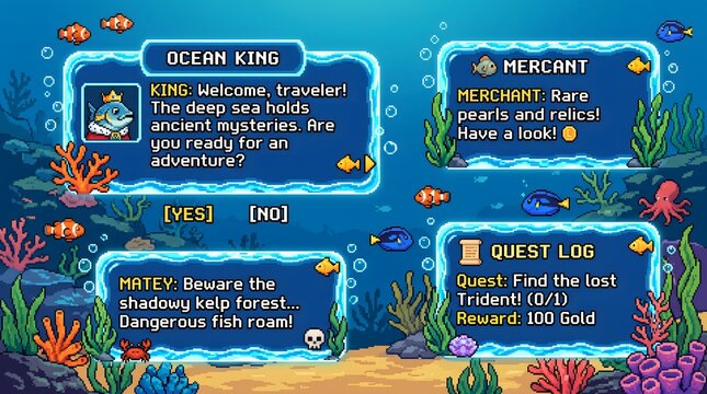 Underwater pixel adventure with ocean king, merchant, quest log, and vibrant.