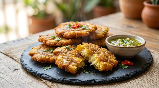 Crispy fried plantain tostones patacones with garlic dipping sauce on a dark slate plate