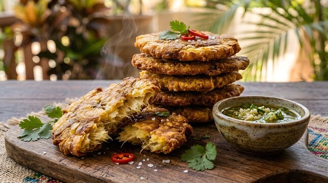 Stack of crispy fried plantain patacones tostones with garlic mojo sauce on a rustic wooden board