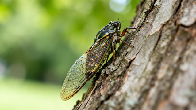 A cicada resting on the bark of a plane tree on a summer day.