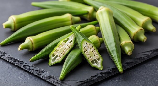 Fresh Okra Pods on White Background