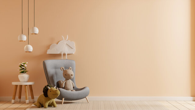 Cute nursery kids room interior mockup with cozy armchair and plush toys against empty pastel wall- 3D rendering
