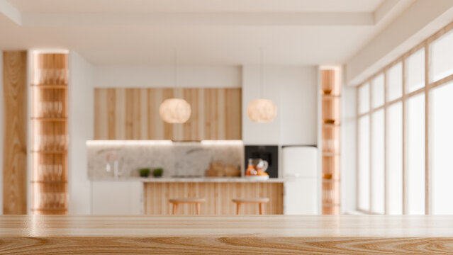 Empty wooden table top in focus with blurred modern kitchen background for product placement and display mockup- 3D rendering