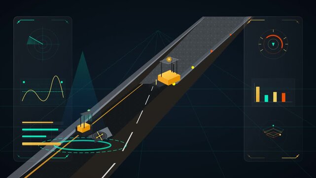 Autonomous delivery robots navigating digital road with data overlay