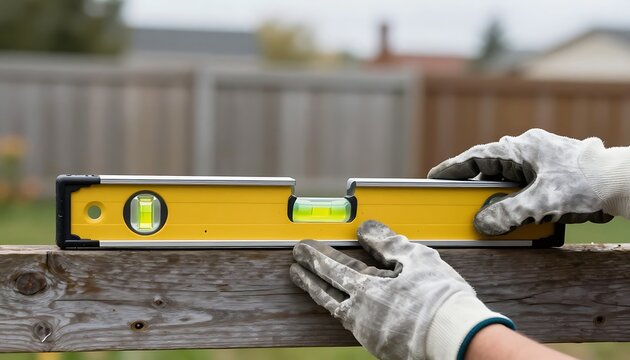 Person wearing work gloves using yellow spirit level tool checking wooden fence alignment accuracy with horizontal alignment rustic worker wearing protective