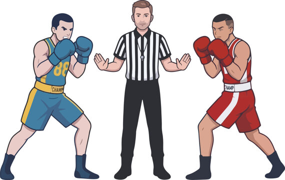 Boxing referee halting match between two fighters in ring. Athletic men in gloves and trunks mid-bout with official intervention during competition.