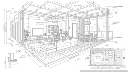 Fototapeta premium Detailed architectural blueprint of a modern open-plan living space.