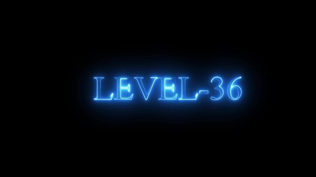 neon Level-36 text inside a horizontal banner on black background. level 9 text icon animation. Neon level up sign. neon next Level text.Level Thirty six text font with glowing neon light.Level .4k
