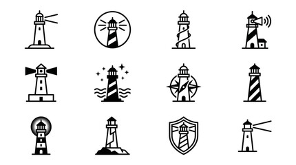 Obraz premium Black and white lighthouse icons set.