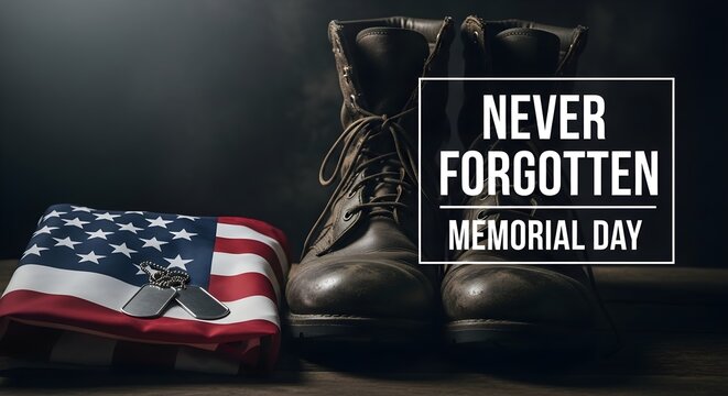 Memorial day concept with military boots, dog tags, and american flag a solemn tribute to fallen soldiers, honoring their sacrifice and service with a reflective, patriotic atmosphere