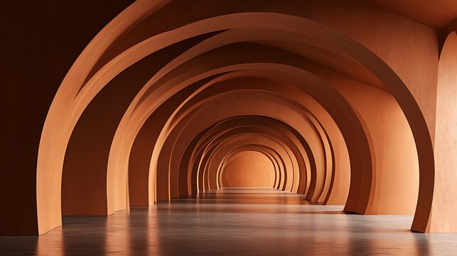 A repeating series of terracotta arches forming an infinite tunnel. This minimalist architectural concept symbolizes.