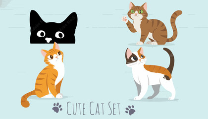 Fototapeta premium Cats in various poses are displayed in this collection of charming character illustrations set against a light blue background.