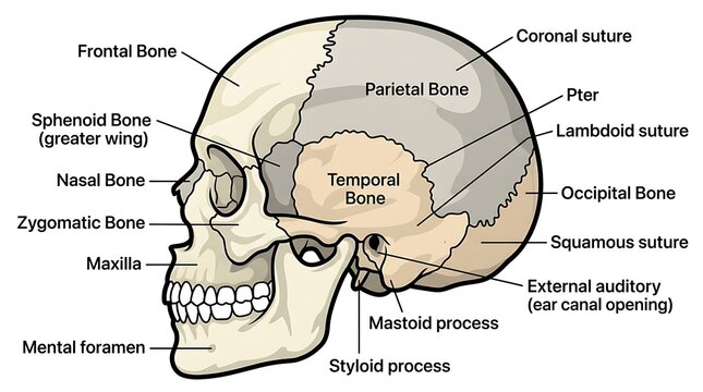 Human skull anatomy labeled diagram frontal view.
