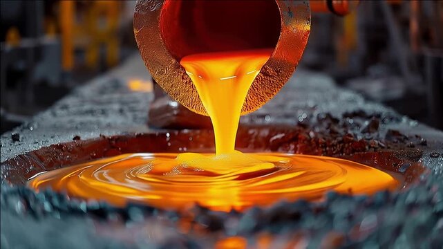 Molten metal pouring from a ladle into a casting mold